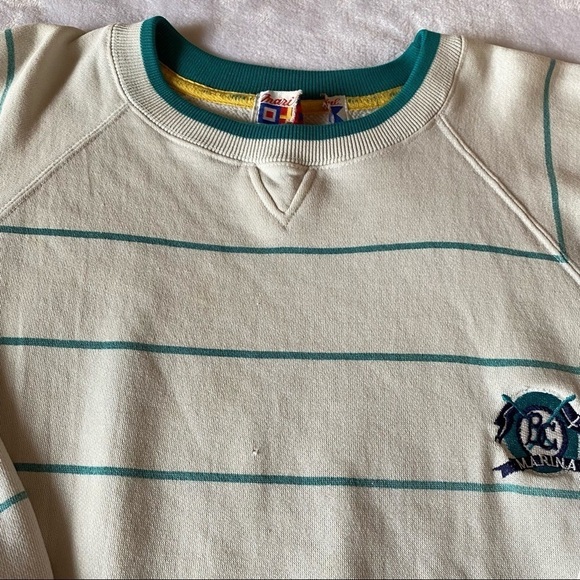 Vintage Marine Club Striped Crew Neck Sweatshirt Faded White Teal Size Large - Picture 9 of 16